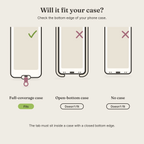 Phone case compatibility: fits full-coverage cases with a charging-port opening; open-bottom cases and bare phones don't fit