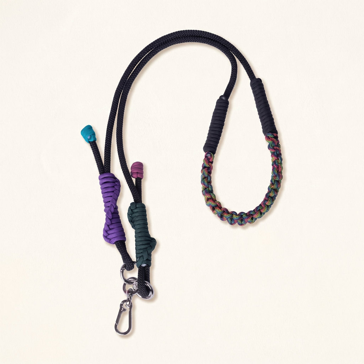 Braided rope phone lanyard and bag strap in Fathom (black & teal), metal swivel and spring clips.