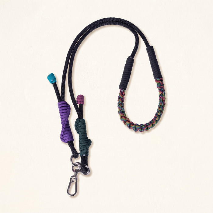 Braided rope phone lanyard and bag strap in Fathom (black & teal), metal swivel and spring clips.