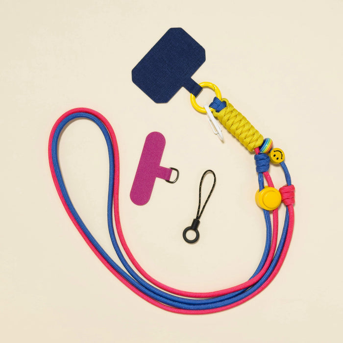 Braided rope phone lanyard in Bloom (pink & blue), with beads, phone tabs and mini loop.