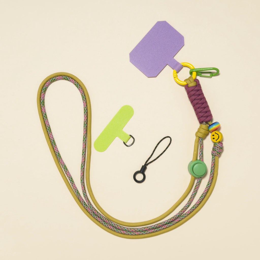 Braided rope phone lanyard in Fig (mustard & wine), with beads, phone tabs and mini loop.
