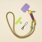 Braided rope phone lanyard in Fig (mustard & wine), with beads, phone tabs and mini loop.