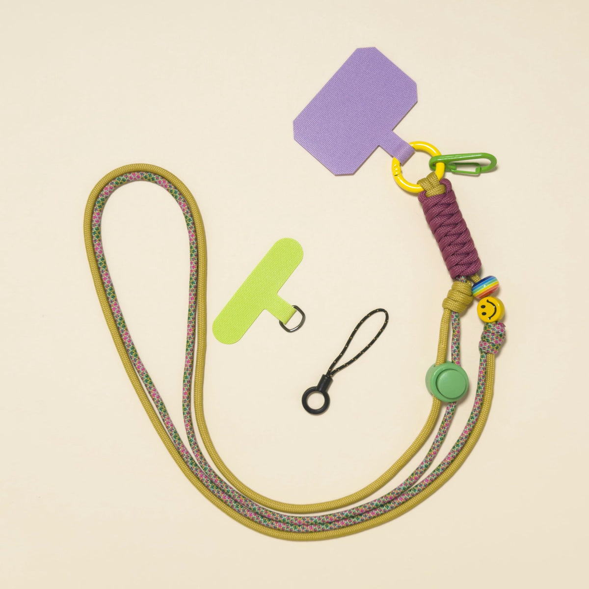 Braided rope phone lanyard in Fig (mustard & wine), with beads, phone tabs and mini loop.