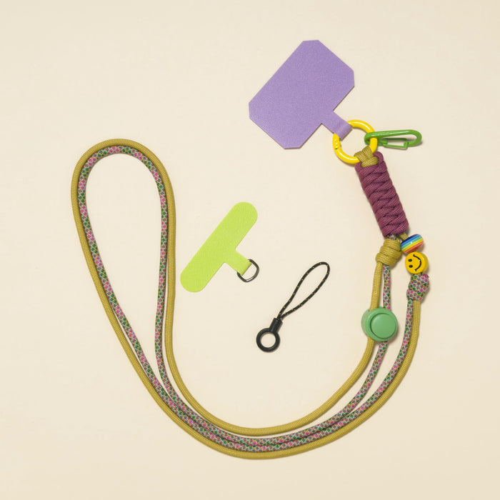 Braided rope phone lanyard in Fig (mustard & wine), with beads, phone tabs and mini loop.