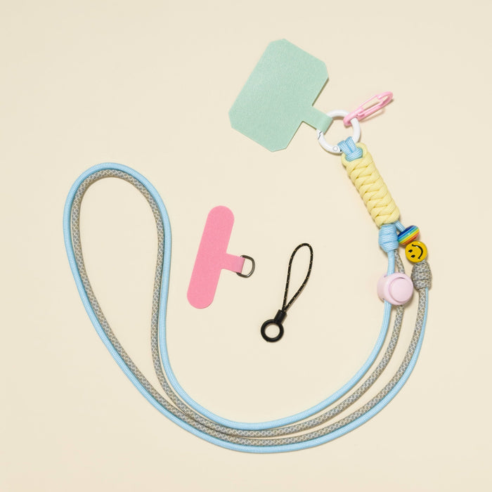 Braided rope phone lanyard in Harbour (blue & grey), with beads, phone tabs and mini loop.