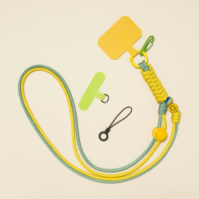 Braided rope phone lanyard in Meadow (green & butter), with beads, phone tabs and mini loop.