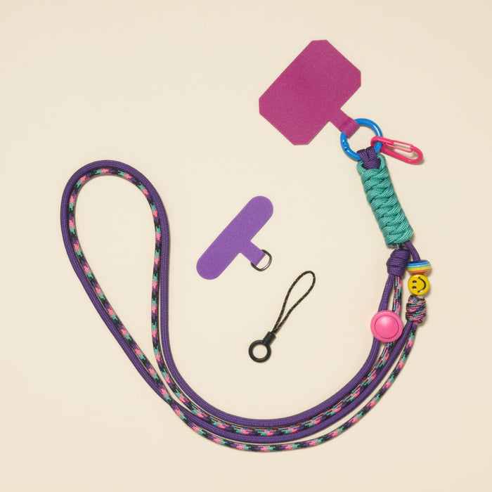 Braided rope phone lanyard in Orchid (purple & pink), with beads, phone tabs and mini loop.