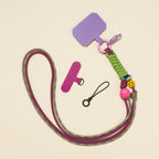 Braided rope phone lanyard in Thistle (mauve & olive), with beads, phone tabs and mini loop.