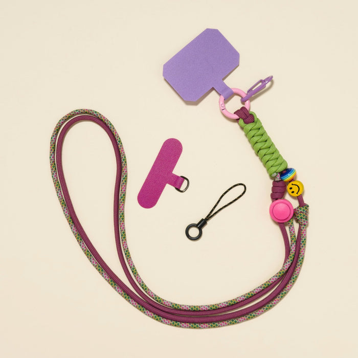 Braided rope phone lanyard in Thistle (mauve & olive), with beads, phone tabs and mini loop.